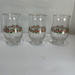 Libbey Holly & Berry Christmas Tumblers‎ Clear Glass Gold Rim 5 1/4" Vintage 3